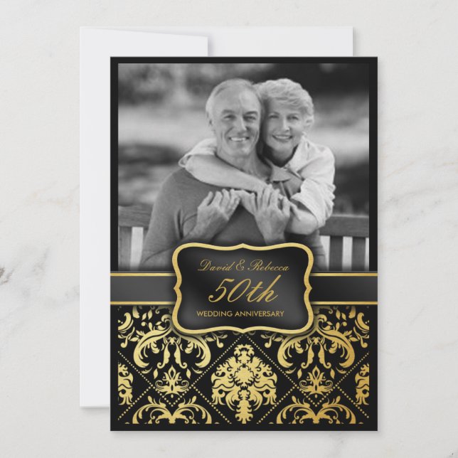 Elegant Gold Damask 50 Jahre Hochzeit Einladung (Vorderseite)
