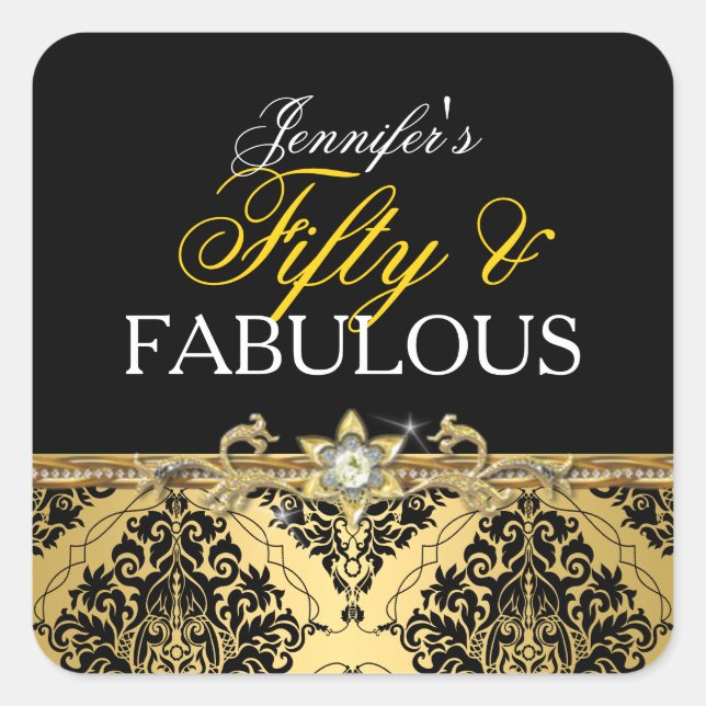 Elegant Gold Damask 50 und fabelhaft 2 Quadratischer Aufkleber (Vorderseite)
