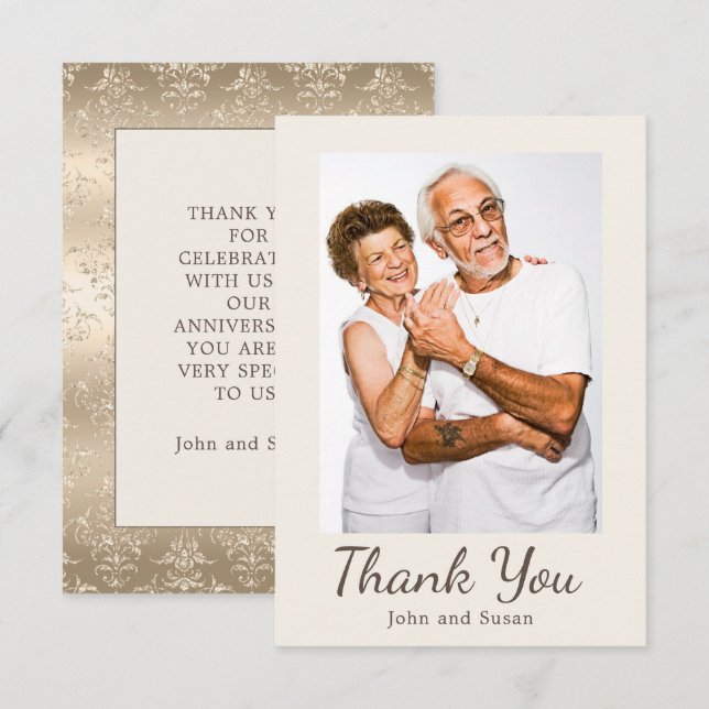Elegant Gold Damask Cream Hochzeitstag Dankeskarte (Vorne/Hinten)