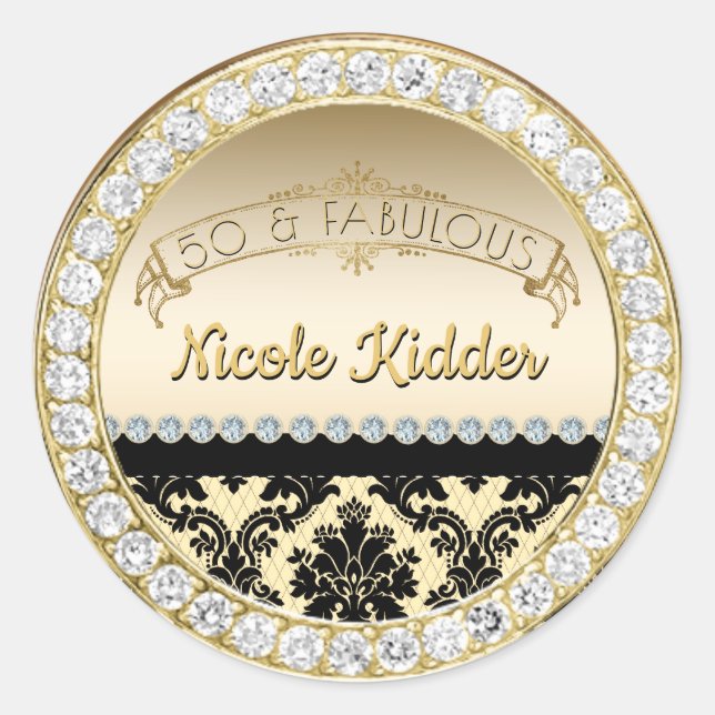 Elegant Gold Damask Diamonds 50 und fabelhaft Runder Aufkleber (Vorderseite)