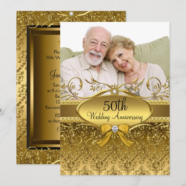 Elegant Gold Damask Foto Einladung zum 50. Jubiläu (Vorne/Hinten)