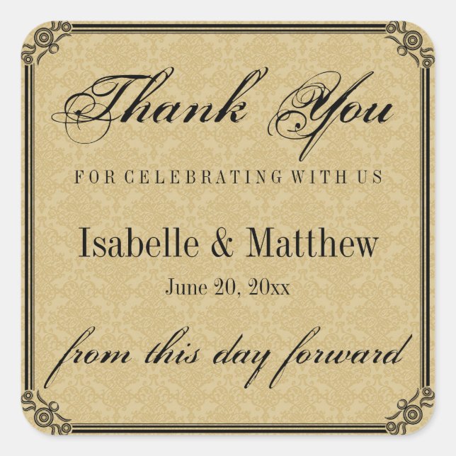 Elegant Gold Damask Hochzeit Danke Stickers (Vorderseite)