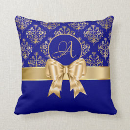 Elegant Gold Damask Monogram auf Navy Blue Kissen
