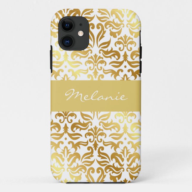 Elegant Gold Damask Monogram iPhone Case (Rückseite)