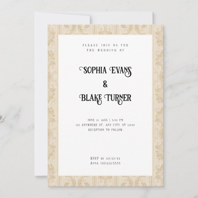 Elegant Gold Damask Traditionelle weiße Hochzeit Einladung (Vorderseite)