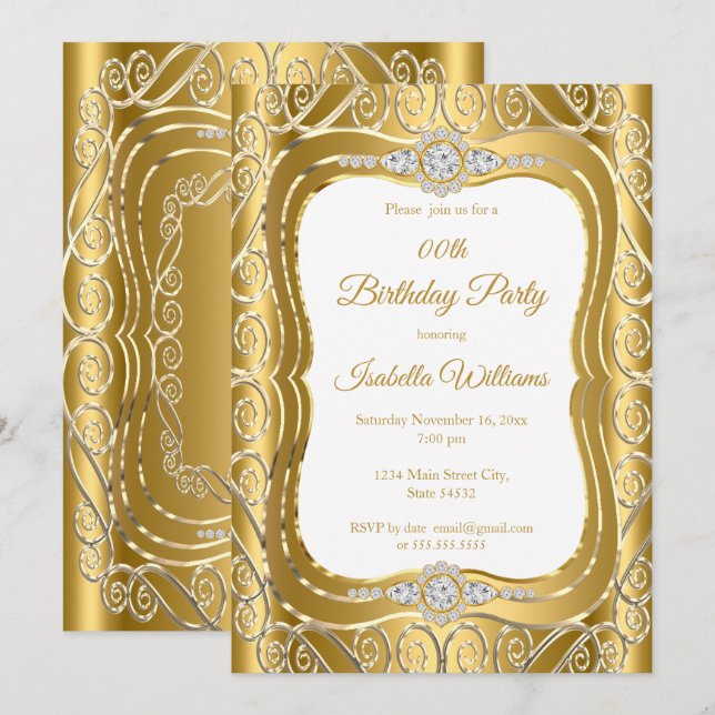 Elegant Gold Diamond Gem swirl Birthday Party Einladung (Vorne/Hinten)