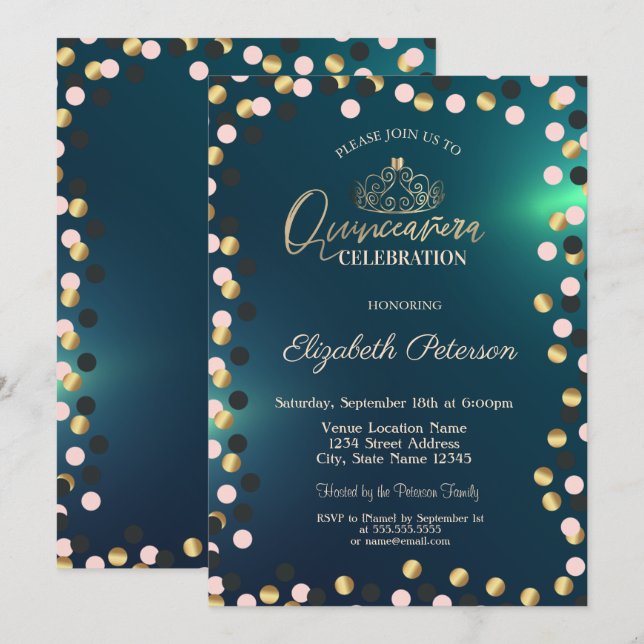 Elegant Gold Dots, Tiara Green Quinceañera Einladung (Vorne/Hinten)