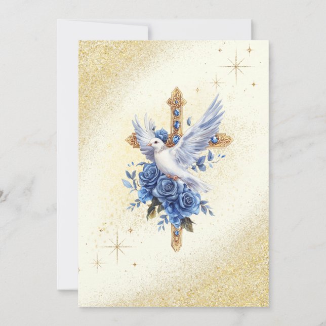 Elegant Gold Dove Blue Rose Taufe Einladung (Rückseite)