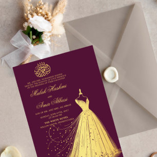 Elegant Gold Dress Plum Islamische Hochzeit Einladung