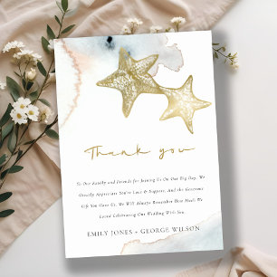 ELEGANT GOLD DUSKY BLUE BEACHY STARFISH WEDD DANKESKARTE