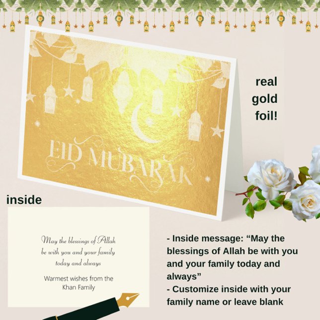 Elegant Gold Eid Mubarak Lanterns + Mond Folienkarte (Spread the joy of Eid with these real gold foil elegant "Eid Mubarak" customizable cards!)