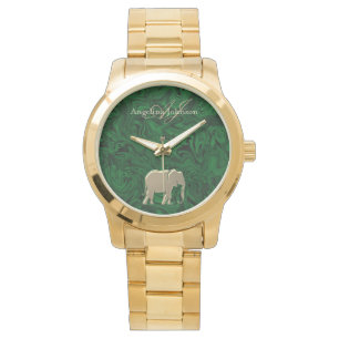 Elegant Gold Elephant Emerald Green Monogram Armbanduhr