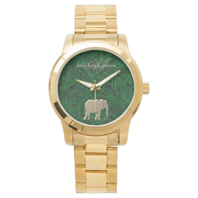 Elegant Gold Elephant Emerald Green Monogram Armbanduhr (Vorderseite)