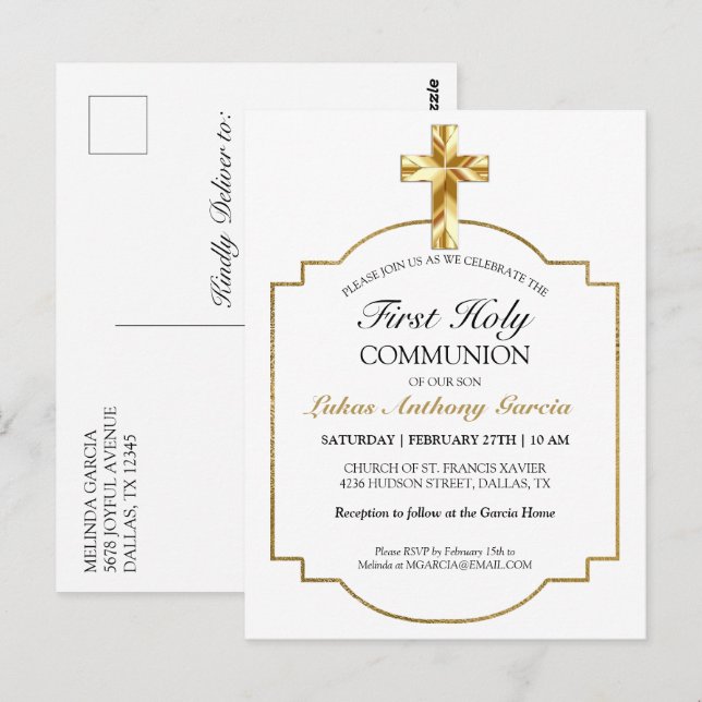 Elegant Gold Erstklassige Kommunion Einladung Postkarte (Vorne/Hinten)