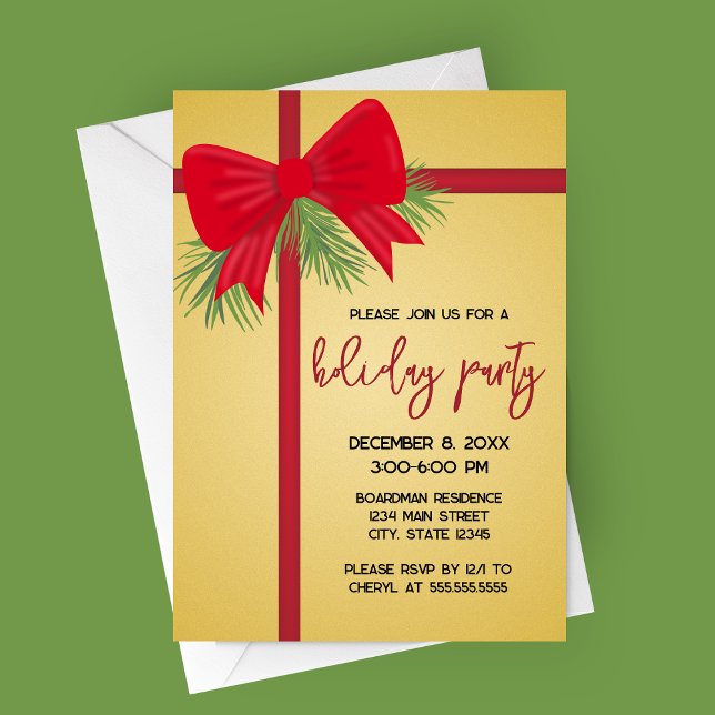 Elégant Gold et Red Bow Fête Invitation (Gift Wrapped Gold and Red Bow Holiday Party Invitation | Christmas Party Invitation)