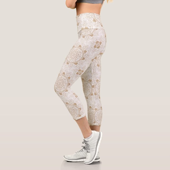 Elegant Gold Eye Sun Moon Mandala White Capri Leggings (Links)
