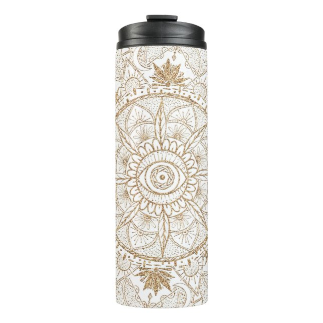 Elegant Gold Eye Sun Moon Mandala White Thermosbecher (Vorderseite)