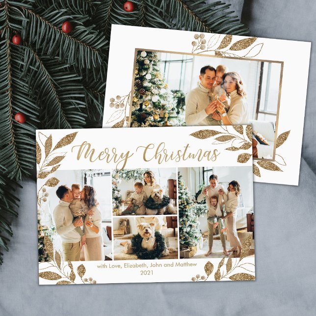 Elegant Gold Feuilles 4 Photo Collage Carte de Noë (Créateur téléchargé)