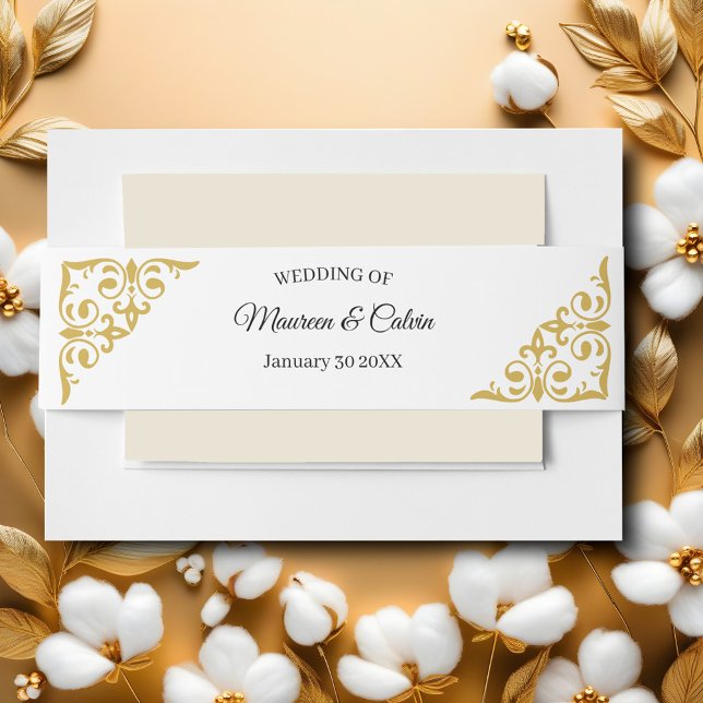 Elegant Gold Filigree auf der White Wedding Einladungsbanderole (Von Creator hochgeladen)