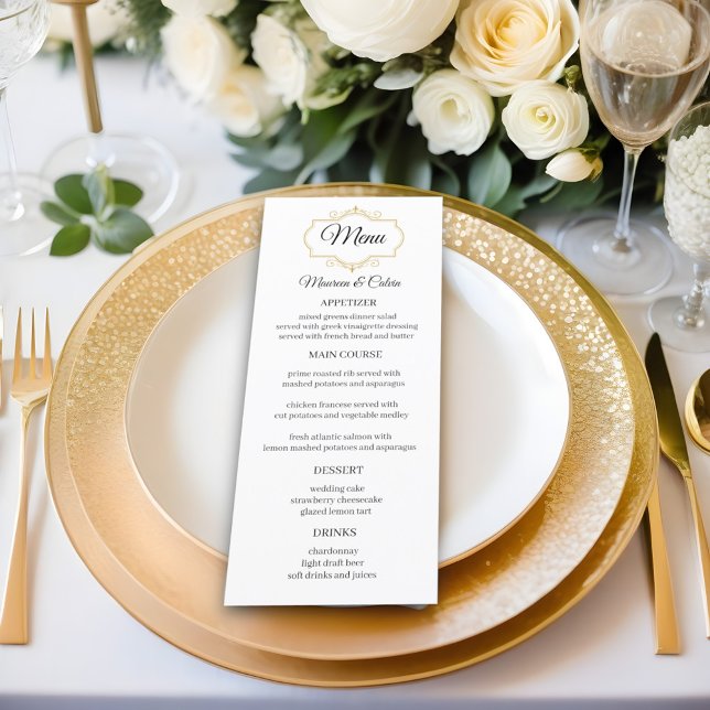 Elegant Gold Filigree auf der White Wedding Menükarte (Von Creator hochgeladen)