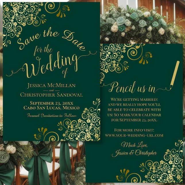 Elegant Gold Filigree Extravagant Emerald Green We Save The Date (Front/Back)