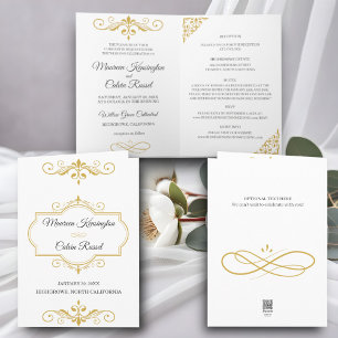 Elegant Gold Filigree on White, Wedding Einladung