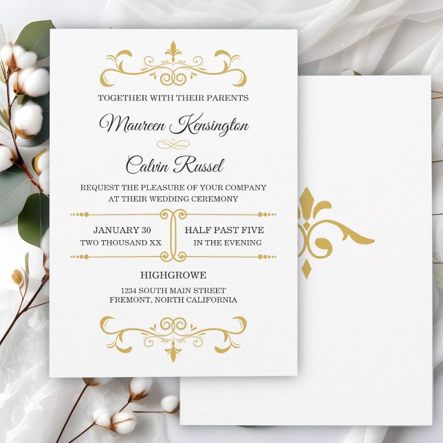 Elegant Gold Filigree on White, Wedding Einladung (Von Creator hochgeladen)