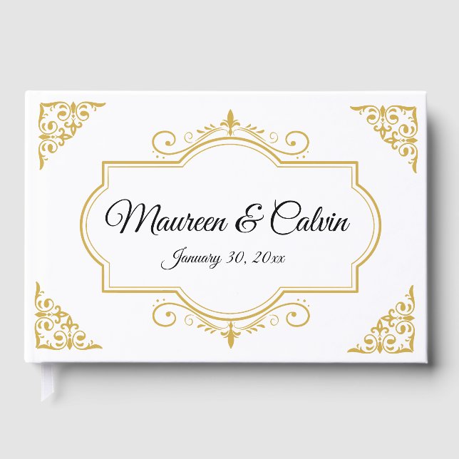 Elegant Gold Filigree on White, Wedding Gästebuch (Vorderseite)