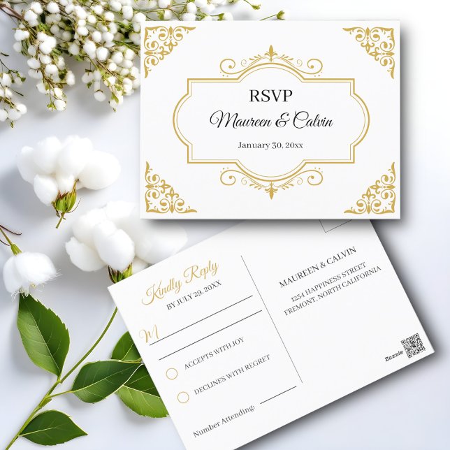 Elegant Gold Filigree on White, Wedding RSVP Postkarte (Von Creator hochgeladen)