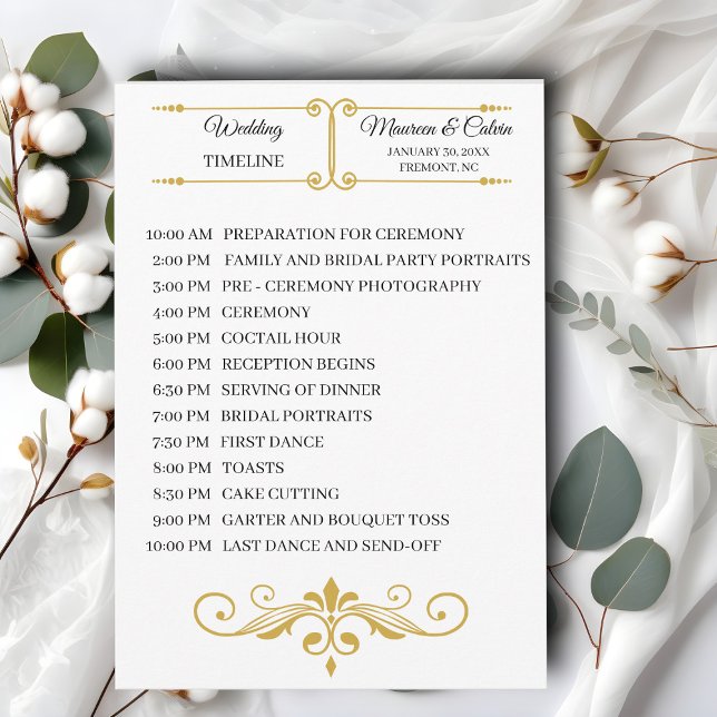 Elegant Gold Filigree on White, Wedding Timeline Programm (Von Creator hochgeladen)