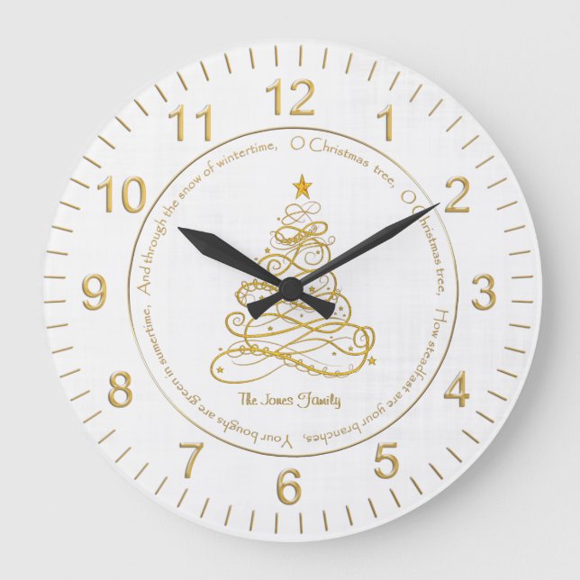 Elegant Gold Filigree Tree "O Christmas Tree" Cir Große Wanduhr (Vorderseite)