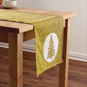 Elegant Gold Filigree Weihnachtsbaum auf Glitzer Kurzer Tischläufer