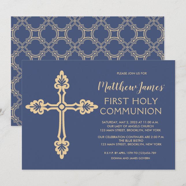 Elegant Gold First Communion Invitation pour garço (Devant / Derrière)