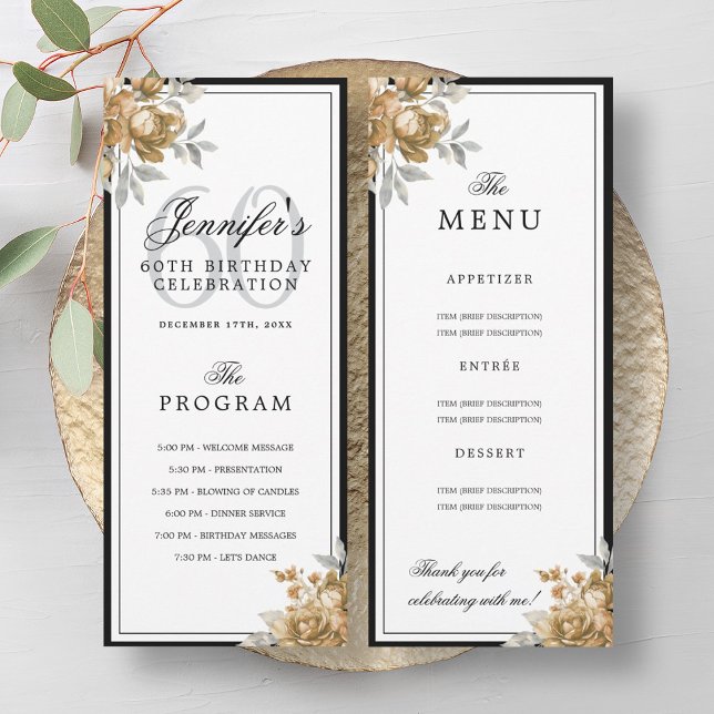 Elegant Gold Floral 60th Birthday Program Menu  Einladung (Elegant Gold Floral 60th Birthday Program Menu )