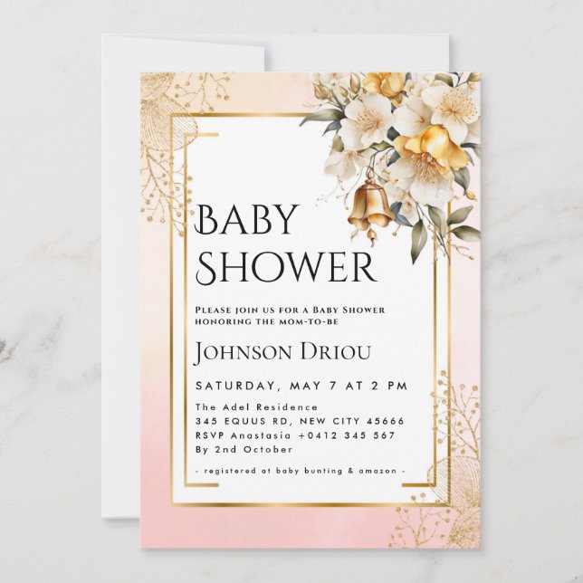 Elegant Gold Floral Baby Shower Invitation Einladung (Vorderseite)