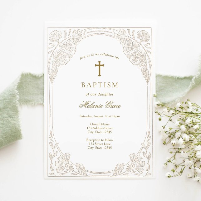 Elegant Gold Floral Baptism Invitation (Créateur téléchargé)