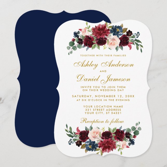 Elegant Gold Floral Blue Burgundy Wedding BR Einladung (Vorne/Hinten)