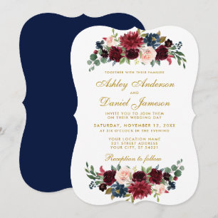 Elegant Gold Floral Blue Burgundy Wedding BR Einladung