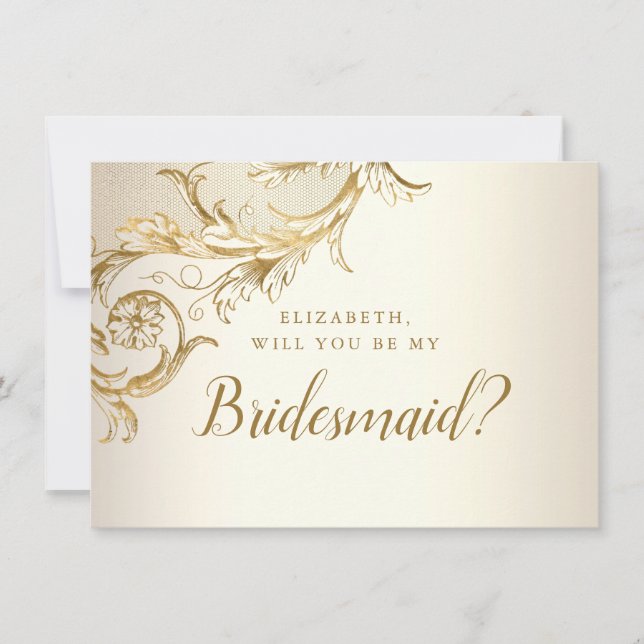 Elegant Gold Floral Damask Script Bridesmaid Einladung (Vorderseite)