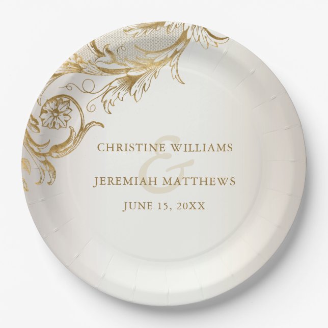 Elegant Gold Floral Damask Shiny Champagne Wedding Pappteller (Vorderseite)