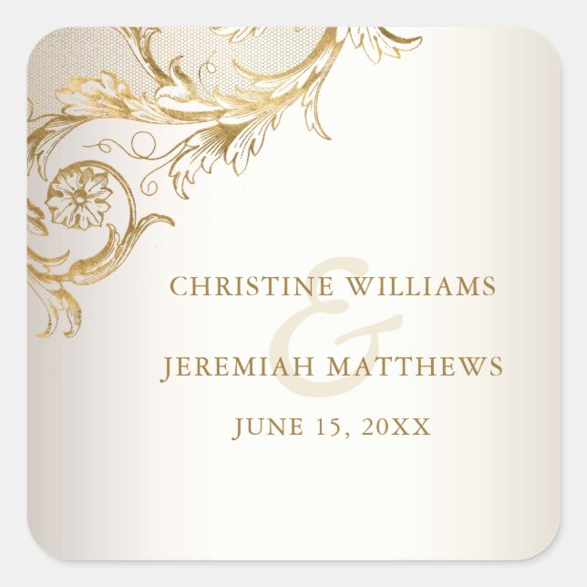 Elegant Gold Floral Damask Shiny Champagne Wedding Quadratischer Aufkleber (Vorderseite)