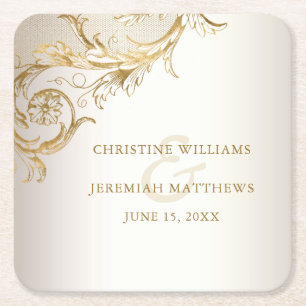 Elegant Gold Floral Damask Shiny Champagne Wedding Rechteckiger Pappuntersetzer