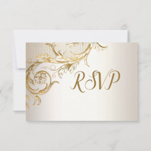 Elegant Gold Floral Damask Shiny Champagne Wedding RSVP Karte