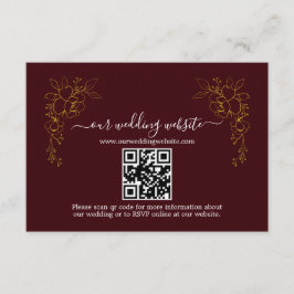 Elegant Gold Floral Deep Burgundy QR Code Wedding  Begleitkarte