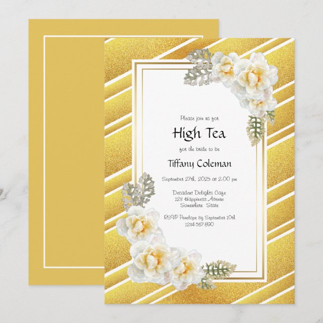 Elegant Gold Floral Einladung (Vorne/Hinten)