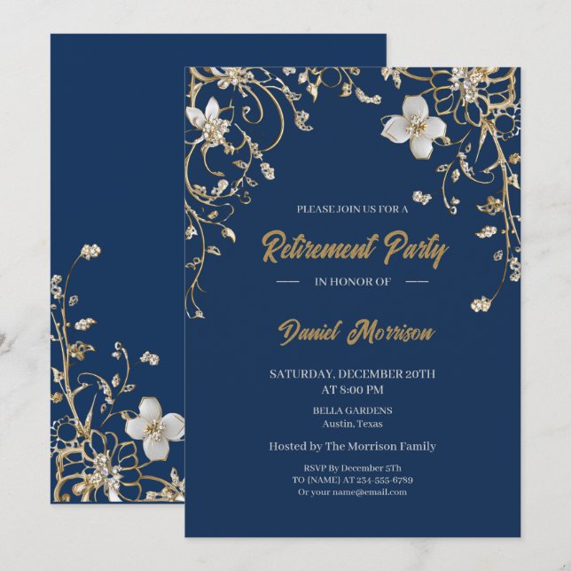 Elegant Gold Floral Frame Retirement 2025 Einladung (Vorne/Hinten)