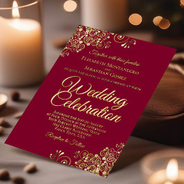 Elegant Gold Floral Frills Burgundy Maroon Wedding Folieneinladung