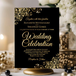 Elegant Gold Floral Frills Classic Black Wedding Folieneinladung