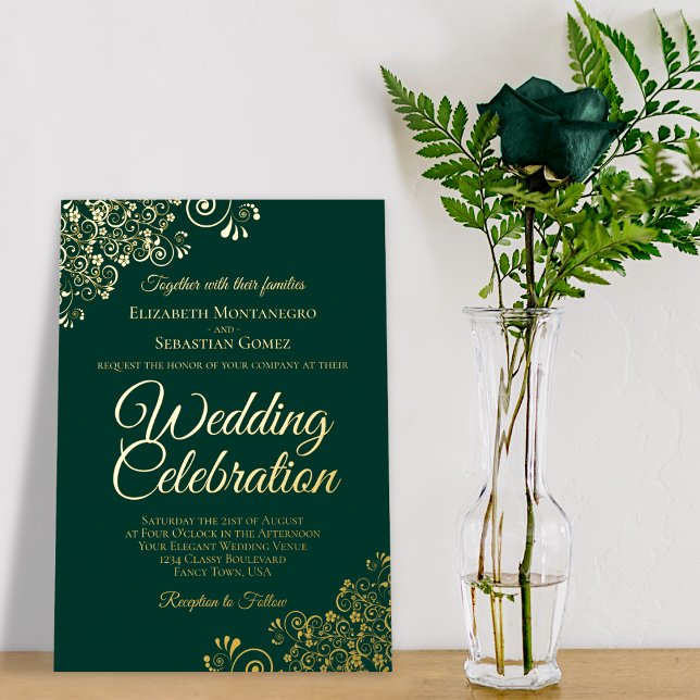 Elegant Gold Floral Frills Emerald Green Wedding Folieneinladung (Von Creator hochgeladen)