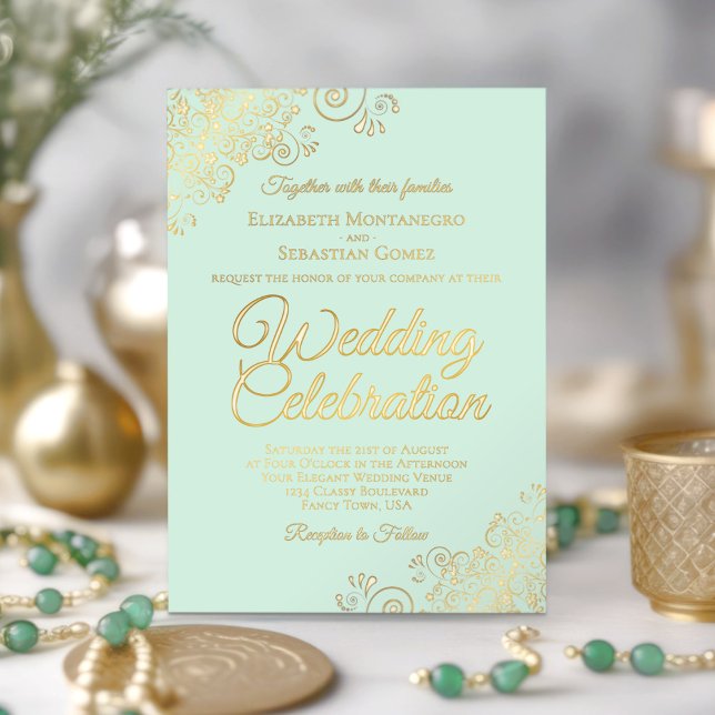 Elegant Gold Floral Frills on Mint Green Wedding Folieneinladung (Von Creator hochgeladen)